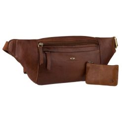 Skórzana saszetka męska w brązowym kolorze z regulowanym paskiem i etui na klucze w zestawie - Peterson. Brązowe saszetki męskie Peterson, ze skóry. Za 137.99 zł.