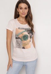 Jasnoróżowy Bawełniany T-shirt z Prostokątnym Nadrukiem i Brokatem Silpa. Czerwone bluzki damskie Born2be, l, bez wzorów, z bawełny, bez kołnierzyka. Za 49.99 zł.