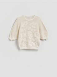 Sweter z bawełną - kremowy. Białe swetry damskie Reserved, l, bez wzorów, z bawełny, bez kołnierzyka, bez ramiączek, bez kaptura. Za 119.99 zł.