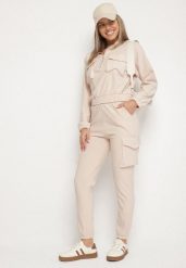Beżowy Komplet Dresowy w Stylu Cargo Bluza na Suwak i Joggery Sitene. Brązowe bluzy damskie Born2be, l, bez wzorów, z dresówki, bez kaptura. Za 79.99 zł.