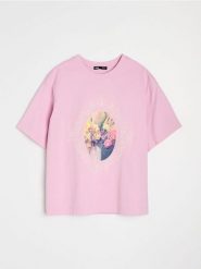 Bawełniana koszulka z motywem kwiatowym - różowy. Czerwone t-shirty damskie Sinsay, l, bez wzorów, z bawełny, bez kołnierzyka. Za 25.99 zł.