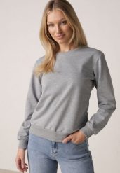 Szara Bluza z Bawełną Ozdobiona Ściągaczami Hilani. Szare bluzy damskie Born2be, l, bez wzorów, z bawełny, bez kaptura. Za 49.99 zł.