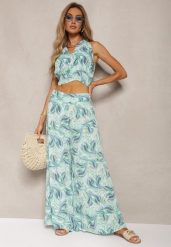 Zielony Komplet Boho z Bawełny Krótki Top na Ramiączkach z Gumką Szerokie Spodnie Rasida. Zielone spodnie materiałowe damskie Renee, m, bez wzorów, z bawełny. Za 79.99 zł.