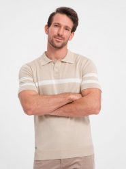 Męska koszulka polo z miękkiej dzianiny z kontrastowymi pasami - beżowa V4 OM-POSS-0118 - XXL. Brązowe koszulki polo męskie Ombre Clothing, l, bez wzorów, z dzianiny, bez ramiączek. W wyprzedaży za 89.99 zł.