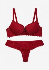 Bordowy Koronkowy Komplet Bielizny Biustonosz Usztywniony Push Up i Stringi Jasminesa. Czerwone stringi damskie Renee, z aplikacjami, z koronki. Za 44.99 zł.