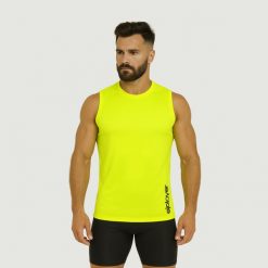 Koszulka fitness męska JEAS żółty fluo. Żółte buty sportowe męskie ELPLAYER, m, bez wzorów, bez kołnierzyka, bez ramiączek, na fitness i siłownię. Za 65.00 zł.