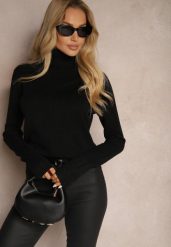 Czarny Golf Sweter o Dopasowanym Kroju z Kaszmirem Zairith. Czarne swetry damskie Renee, z aplikacjami, z jeansu, biznesowe, bez kołnierzyka, bez ramiączek, bez kaptura. Za 79.99 zł.