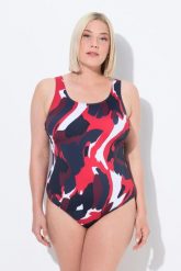 Damski Strój kąpielowy wzór w palmy bez miękkich miseczek okrągły dekolt. Niebieskie kostiumy jednoczęściowe damskie Ulla Popken, plus size, bez wzorów, z elastanu, sportowe, plus size, do pływania. Za 199.99 zł.