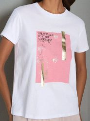 Koszulka z metalicznym nadrukiem - biały. Białe t-shirty damskie Sinsay, l, bez wzorów, bez kołnierzyka. W wyprzedaży za 9.99 zł.