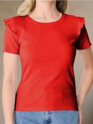 Prążkowana koszulka z falbankami - koralowy. Pomarańczowe t-shirty damskie Sinsay, l, bez wzorów, prążkowane, bez kołnierzyka. W wyprzedaży za 12.99 zł.