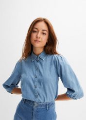 Bluzka jeansowa z rękawami bufkami, z bawełny organicznej. Niebieskie bluzki damskie bonprix, bez wzorów, z bawełny, bez kołnierzyka, bez ramiączek. Za 129.99 zł.