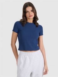 4F T-shirt slim z waflowej dzianiny damski - granatowy L. Niebieskie koszulki sportowe damskie 4f, l, bez wzorów, z dzianiny, klasyczne, bez kołnierzyka. W wyprzedaży za 29.99 zł.