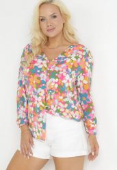 Różowo-Pomarańczowa Kwiecista Koszula z Ozdobnymi Guzikami i Trójkątnym Dekoltem Portlyn. Czerwone bluzki damskie Born2be, l, bez wzorów, bez kołnierzyka, plus size, bez ramiączek. Za 64.99 zł.