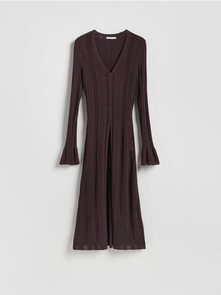 Długi kardigan z wiskozą - brązowy. Brązowe kardigany damskie Reserved, l, bez wzorów, z dzianiny, długie. Za 159.99 zł.