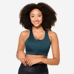 Stanik sportowy Domyos. Niebieskie bluzy sportowe damskie DOMYOS, s, bez wzorów, z elastanu, bez kaptura, na fitness i siłownię. Za 99.99 zł.