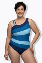 Damskie Strój kąpielowy szerokie kolorowe pasy miękkie miseczki okrągły dekolt. Niebieskie kostiumy jednoczęściowe damskie Ulla Popken, plus size, bez wzorów, z elastanu, plus size, do pływania. Za 191.99 zł.