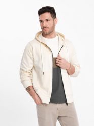 Męska bluza dresowa BASIC rozpinana z kapturem - kremowa V11. Białe bluzy męskie Ombre Clothing, m, z aplikacjami, z bawełny, z kapturem. Za 209.99 zł.