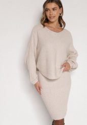 Ciemnobeżowy Dzianinowy Komplet Prążkowany Sukienka i Sweter o Kroju Nietoperz Wederela. Brązowe sukienki damskie Born2be, na co dzień, m, bez wzorów, z dzianiny, eleganckie, bez kołnierzyka, bez ramiączek, dopasowane. Za 139.99 zł.