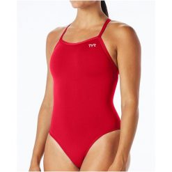 Strój damski jednoczęściowy TYR Solid f diamondfit. Czerwone kostiumy jednoczęściowe damskie TYR, bez wzorów, sportowe, do pływania. Za 219.99 zł.