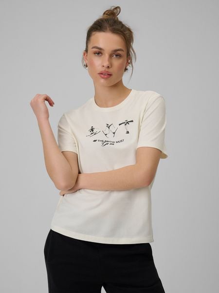 4F T-shirt regular z nadrukiem damski - beżowy L. Brązowe t-shirty damskie 4f, l, bez wzorów, z bawełny, bez kołnierzyka. W wyprzedaży za 39.99 zł.
