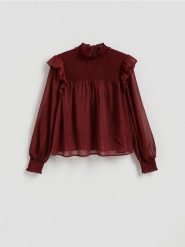 Bluzka z metalizowaną nicią - burgundowy. Czerwone bluzki damskie Reserved, l, bez wzorów, z tkaniny, bez kołnierzyka, bez ramiączek. Za 159.99 zł.