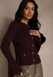 Bordowy Elegancki Prążkowany Kardigan z Wiskozą Guzikami i Rozszerzanymi Rękawami Otila. Czerwone kardigany damskie Renee, s, bez wzorów, z jeansu, eleganckie. Za 89.99 zł.