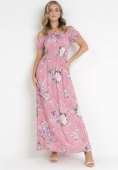 Różowa Sukienka Maxi w Kwiaty z Ozdobnym Wiązaniem przy Dekolcie i Krótkimi Rękawami Paninthe. Czerwone sukienki damskie Born2be, na imprezę, s, bez wzorów, z tkaniny, bez kołnierzyka, bez ramiączek, maxi, rozkloszowane. Za 44.99 zł.