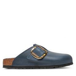 Klapki Birkenstock. Niebieskie klapki damskie Birkenstock, bez wzorów, bez obcasa. Za 629.99 zł.