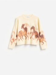 Sweter ze zwierzęcym motywem - wielobarwny. Swetry damskie Reserved, l, bez wzorów, z dzianiny, bez kołnierzyka, bez ramiączek, bez kaptura. Za 139.99 zł.