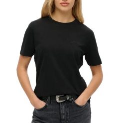 Damska koszulka z haftowanym logo Superdry Essential. Czarne t-shirty damskie Superdry., s, bez wzorów, z bawełny, klasyczne, bez kołnierzyka. Za 99.80 zł.
