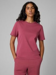 4F T-shirt regular gładki damski - burgundowy XXL. Czerwone t-shirty damskie 4f, xxl, bez wzorów, z materiału, bez kołnierzyka. Za 79.99 zł.