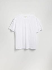 T-shirt regular z bawełną merceryzowaną - biały. Białe t-shirty męskie Reserved, l, bez wzorów, z bawełny, bez kołnierzyka. Za 99.99 zł.