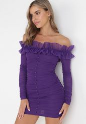 Ciemnofioletowa Dopasowana Sukienka Hiszpanka z Falbanką Turlia. Fioletowe sukienki damskie Born2be, m, z aplikacjami, bez kołnierzyka, bez ramiączek, dopasowane. Za 94.99 zł.