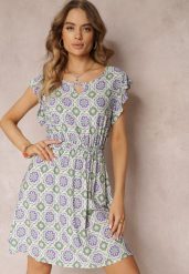 Zielono-Fioletowa Bawełniana Sukienka Mini w Mozaikowy Wzór z Gumką w Talii Fiyona. Zielone sukienki damskie Renee, l, bez wzorów, z bawełny, bez kołnierzyka, bez ramiączek, mini. Za 39.99 zł.