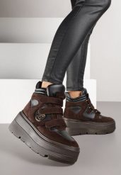 Brązowe Botki Sneakersy Vices na Platformie w Stylu Y2K Gelira. Brązowe botki damskie Renee, z jeansu, bez obcasa, na platformie, bez zapięcia. Za 149.99 zł.