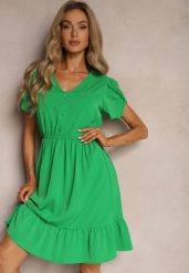 Zielona Sukienka z Gumką w Talii i Falbankami o Rozkloszowanym Fasonie Xelimia. Zielone sukienki dla dziewczynek Renee, bez wzorów, bez ramiączek. Za 44.99 zł.