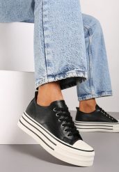 Czarne Casualowe Trampki na Platformie Ozdobionej Paskami Avirima. Czarne trampki i tenisówki damskie Born2be, bez wzorów, z jeansu, eleganckie, bez zapięcia. Za 89.99 zł.