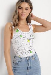 Biały Top Bawełniany z Florystycznym Motywem Bileria. Białe bluzki damskie Born2be, s, bez wzorów, z bawełny, bez kołnierzyka, bez ramiączek. Za 9.99 zł.