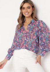 Niebiesko-Różowa Koszula w Kwiaty z Bufiastymi Rękawami Morwenia. Niebieskie bluzki damskie Born2be, l, bez wzorów, eleganckie, bez kołnierzyka, bez ramiączek. Za 109.99 zł.