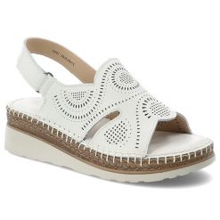 Sandały damskie S.Barski, cholewka ze skóry naturalnej licowej z perforacją z zapięciem na rzep, białe, GR61-5916. Białe klapki damskie S.BARSKI, w ażurowe wzory, ze skóry, eleganckie, bez obcasa, na koturnie. Za 189.00 zł.