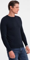Ombre Klasyczny sweter męski z okrągłym dekoltem - granatowy V9 OM-SWBS-0106 XXL. Niebieskie bluzy męskie Ombre, m, bez wzorów, bez kołnierzyka. Za 119.99 zł.