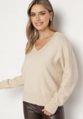 Beżowy Sweter z Dekoltem w V z Domieszką Kaszmiru Mariara. Brązowe swetry damskie Born2be, uniwersalny, bez wzorów, z jeansu, bez kołnierzyka, bez ramiączek, bez kaptura. Za 84.99 zł.