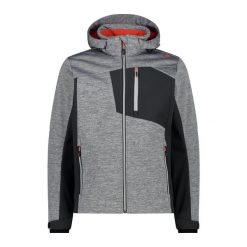 Kurtka z kapturem softshell w dzianinowy wzór CMP. Szare kurtki sportowe męskie CMP, bez wzorów, z dzianiny, trekkingowe. Za 506.50 zł.