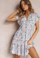 Jasnofioletowa Taliowana Sukienka z Wiskozy w Kwiaty Idotine. Fioletowe sukienki damskie Renee, l, bez wzorów, z wiskozy, bez kołnierzyka, bez ramiączek, mini. Za 54.99 zł.