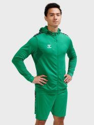 Poliestrowa bluza dresowa z kapturem i zamkiem błyskawicznym Hummel Authentic. Zielone bluzy męskie Hummel, xl, bez wzorów, z dresówki, z kapturem, do piłki nożnej. Za 246.45 zł.