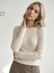 Prążkowana koszulka z domieszką wiskozy - beżowy. Brązowe t-shirty damskie Sinsay, l, bez wzorów, prążkowane, bez kołnierzyka. Za 29.99 zł.