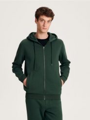 Rozpinana bluza z kapturem - ciemnozielony. Zielone bluzy męskie Reserved, l, bez wzorów, z bawełny, z kapturem. Za 149.99 zł.