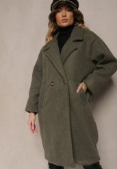 Zielony Dwurzędowy Płaszcz Oversize z Wełną Spolete. Zielone płaszcze damskie Renee, bez wzorów, z wełny, eleganckie, bez kaptura. Za 289.99 zł.