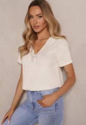 Beżowy Bawełniany T-shirt z Wiskozą i Ażurowym Wzorem Fenirea. Brązowe bluzki damskie Renee, m, w ażurowe wzory, z bawełny, eleganckie, bez kołnierzyka. Za 69.99 zł.
