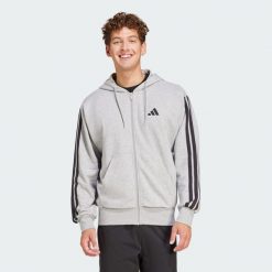 Bluza z kapturem Essentials 3-Stripes French Terry Full-Zip. Czarne bluzy męskie Adidas, s, bez wzorów, z materiału, z kapturem. W wyprzedaży za 209.25 zł.